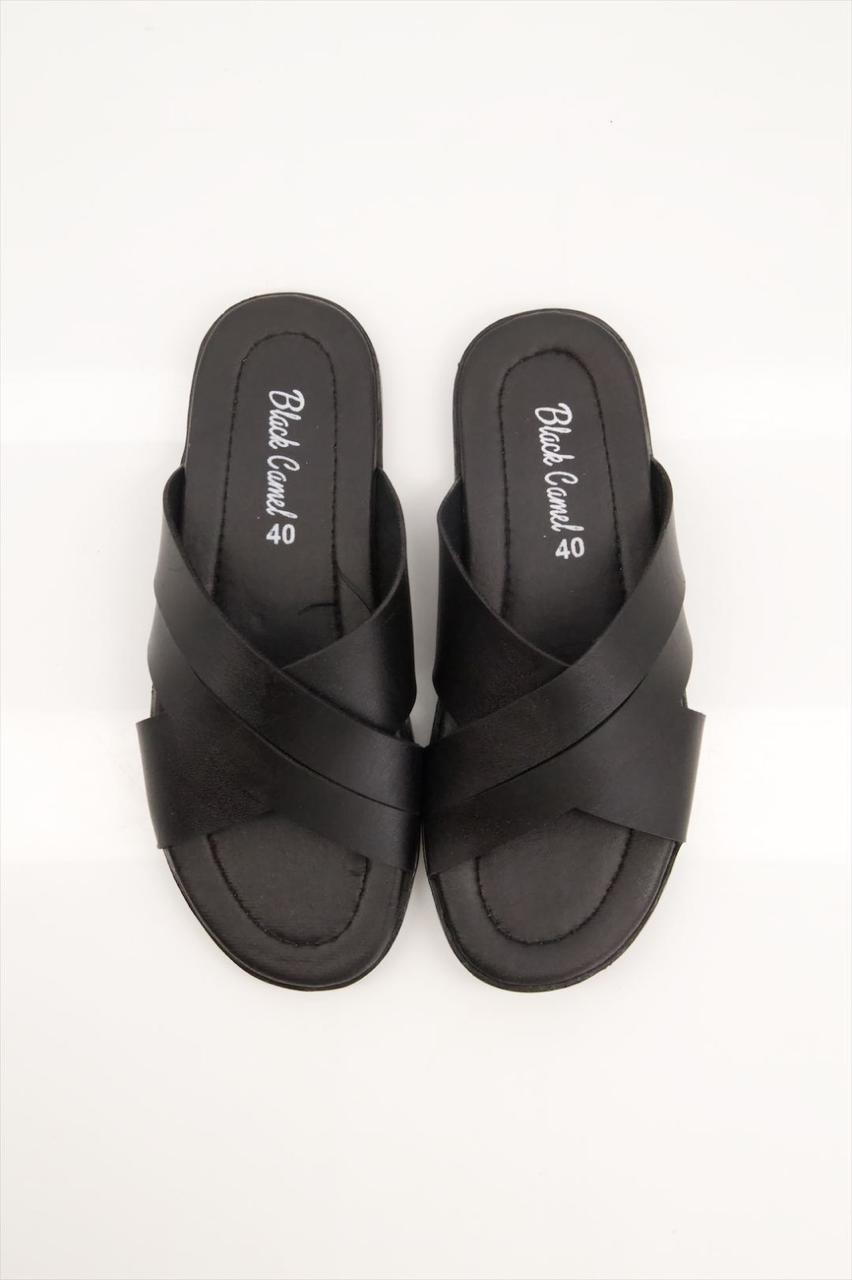 Black Cross-Strap Leather Slides by JB Style