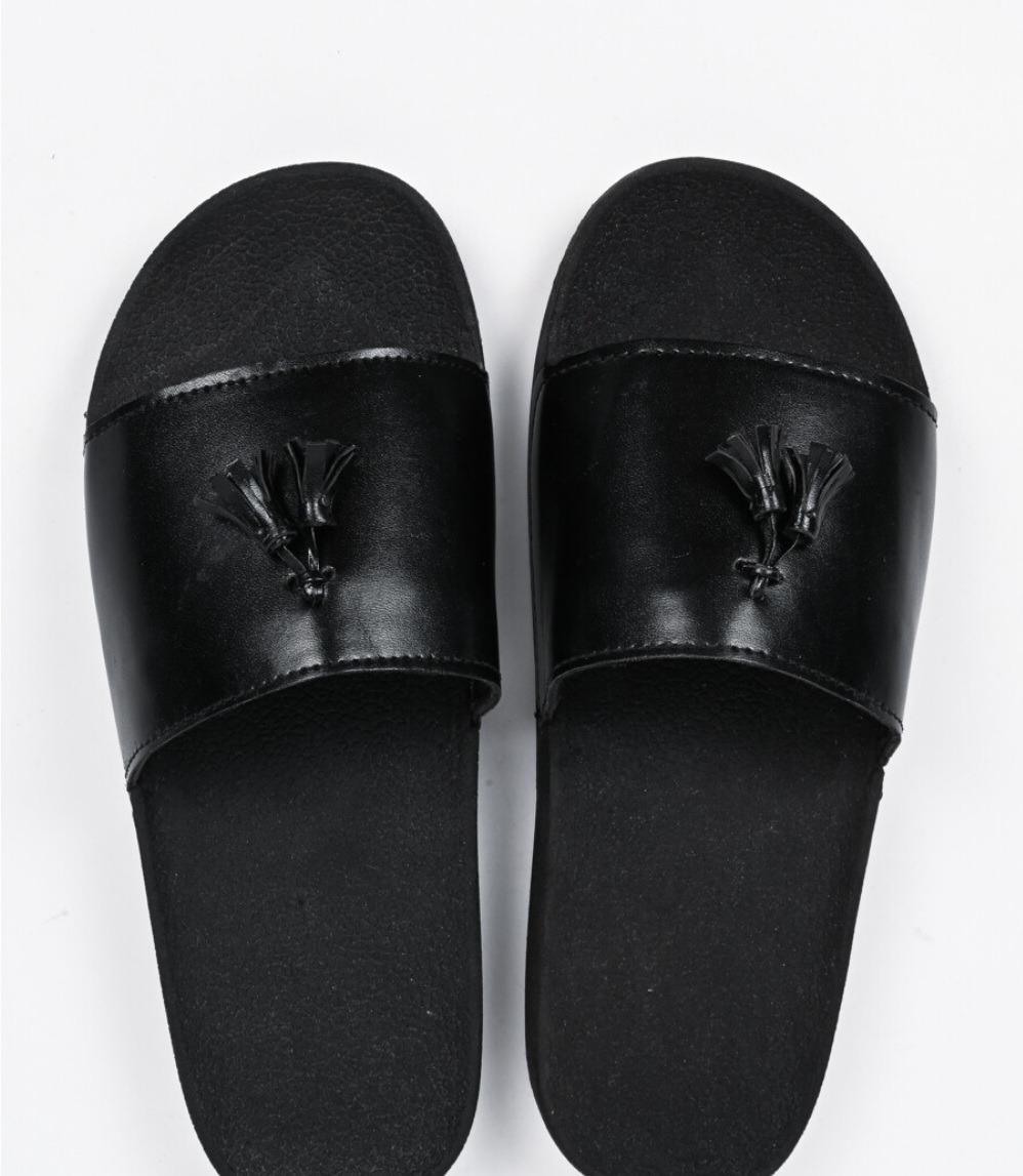 Black Leather Tassel Slides by JB Style
