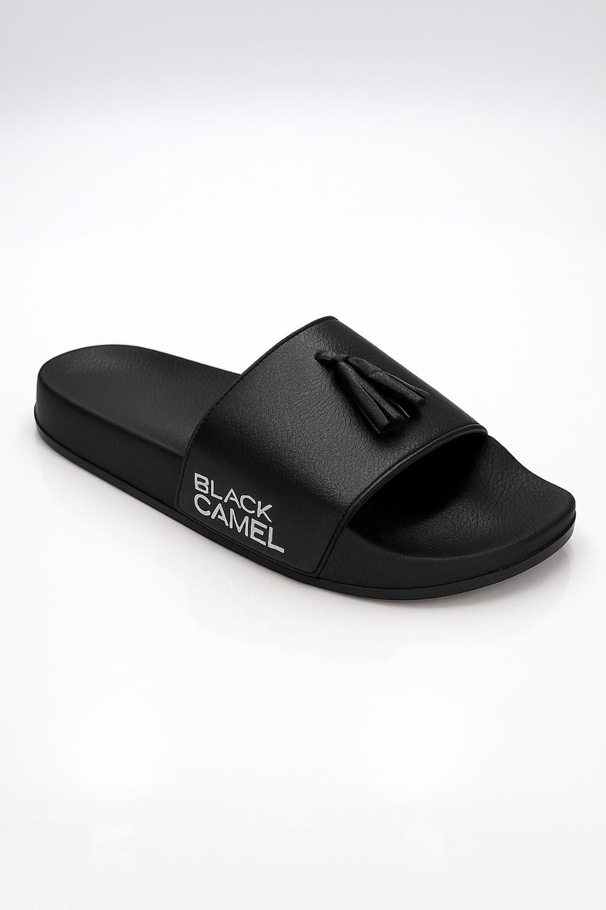 Black Leather Tassel Slides by JB Style