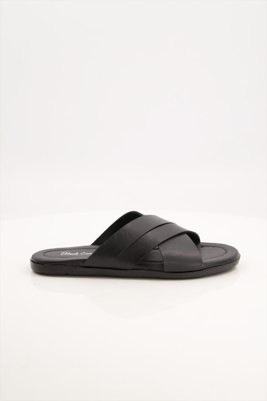 Black Cross-Strap Leather Slides by JB Style