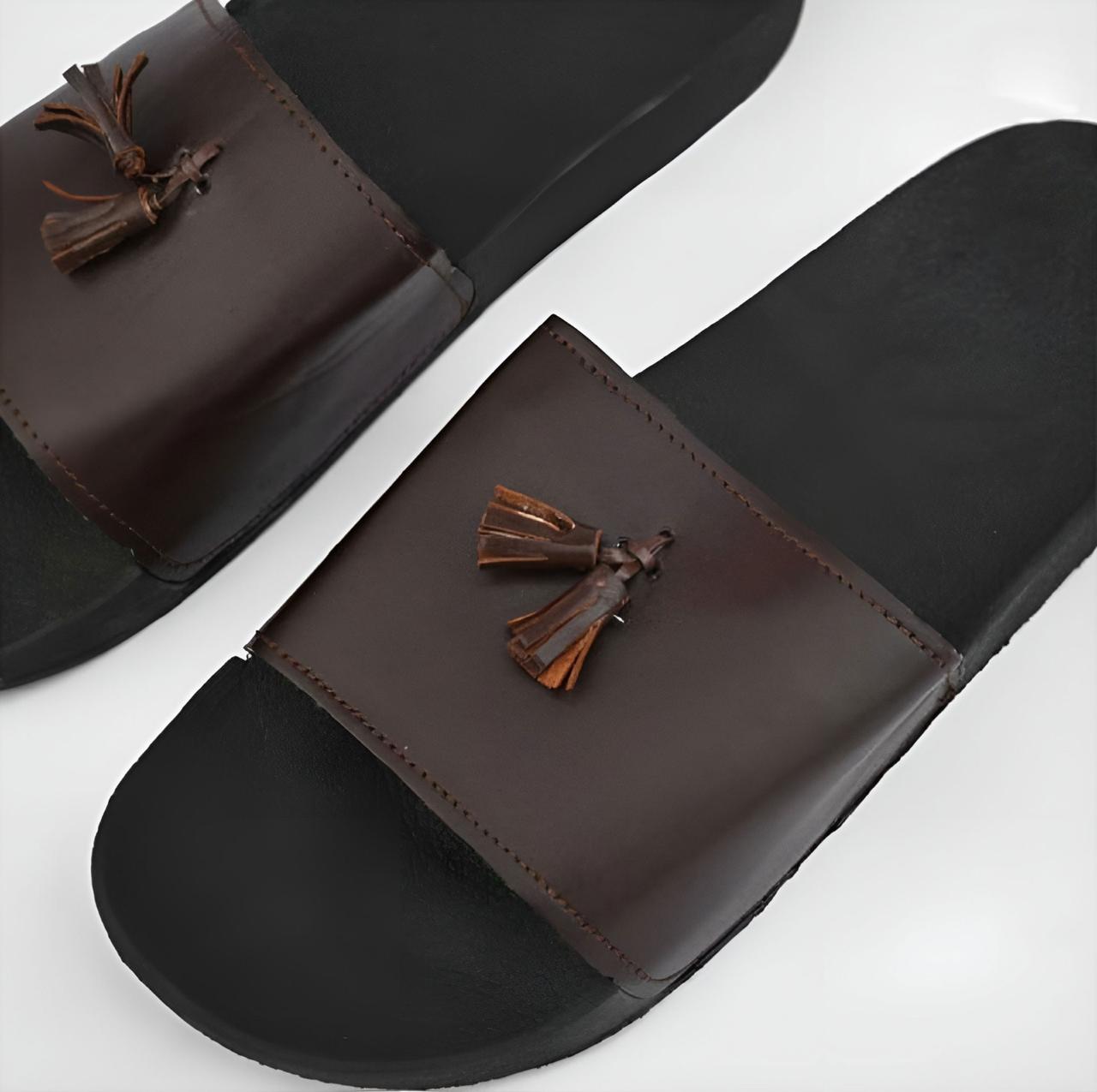 Black Leather Tassel Slides by JB Style