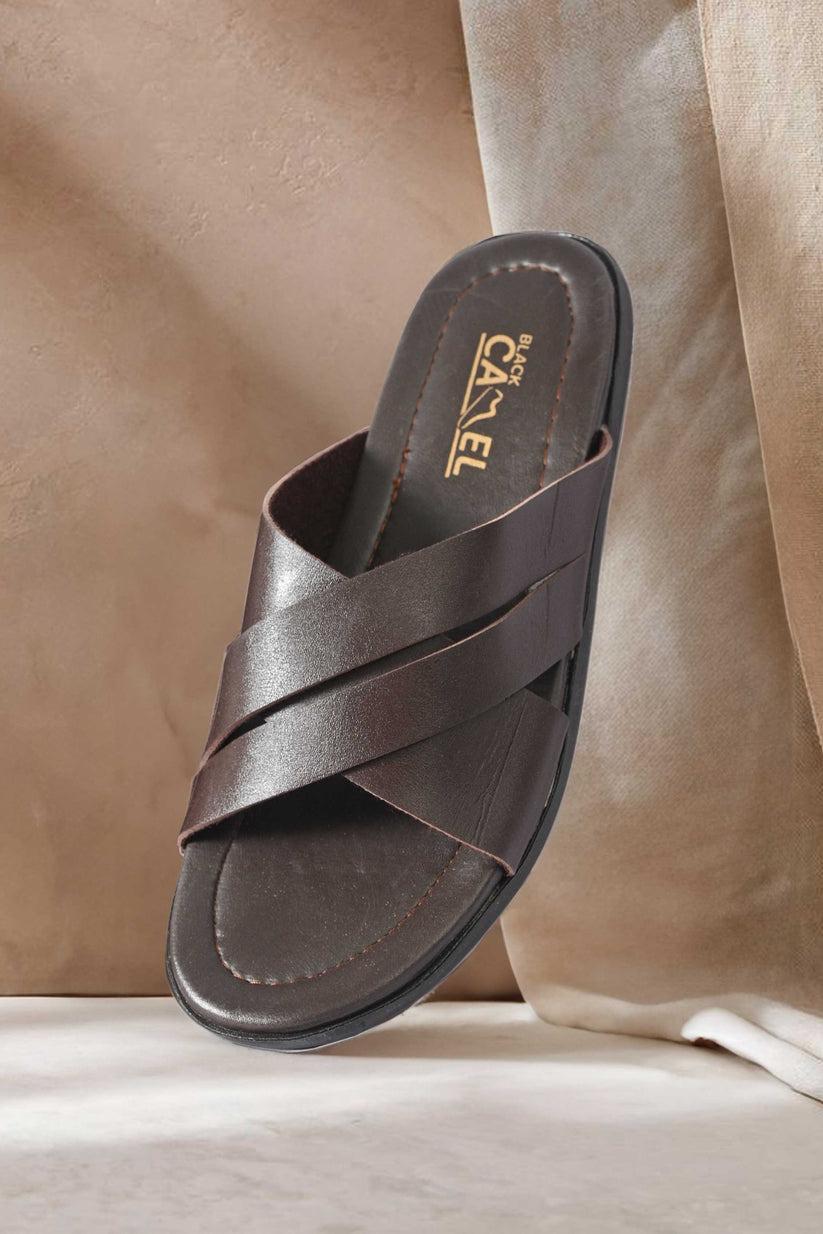 Brown Cross-Strap Leather Slides by JB Style